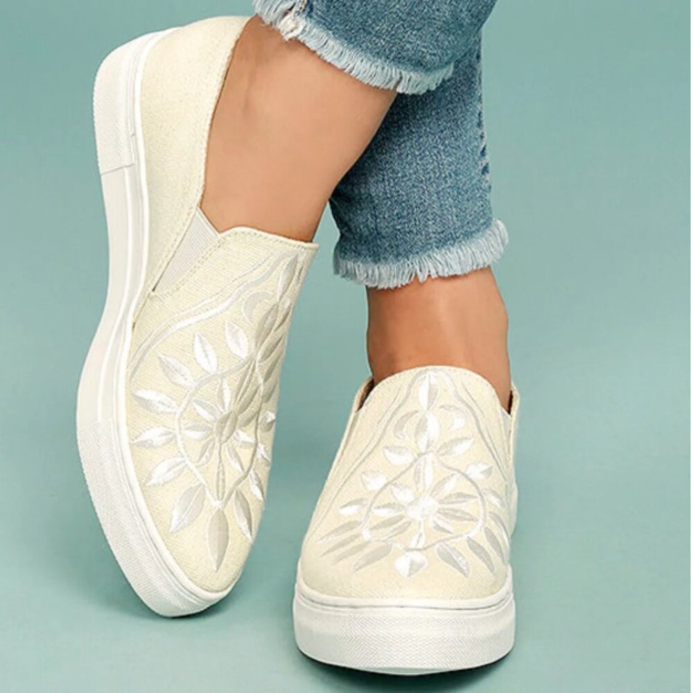 Women's Slip-On Embroidered Casual Sneakers - Cream